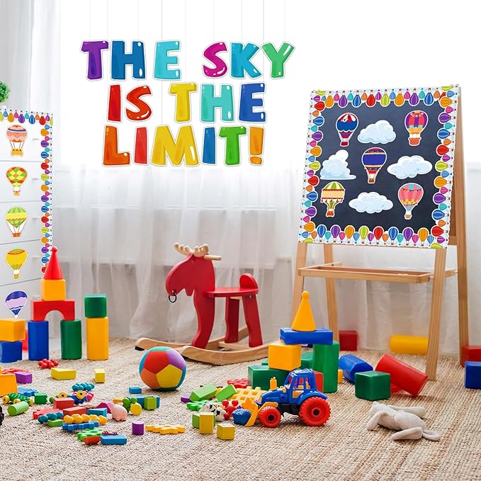 Kepeel Hot Air Balloon Classroom Bulletin Board Decorations with Inspirational Sayings, The Sky is The Limit Art Cutouts for Kids Back to School Kindergarten Classroom Office Nursery Party Supplies