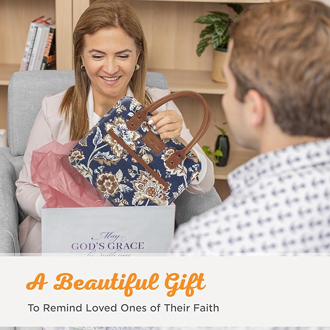 Christian Art Gifts Fashion Vegan Leather Purse Style Bible Cover Case for Women: All Things Through Christ Gold Inspirational Scripture, Pen Loops, Two Handles, Pockets, Navy & Brown Floral, Large