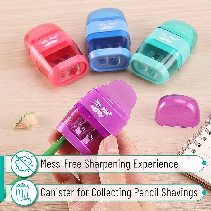 Mr. Pen- Pencil Sharpener & Eraser, 4 Pack, 2-in-1 Manual Sharpeners with Canister, 2 Sharpening Holes for Standard & Jumbo Pencils, Colorful Dual Hole Design for School, Office, Home, Kids