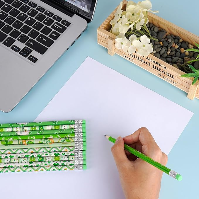 St. Patrick's Day Pencils, Green Shamrock Theme, Natural Wood HB Graphite Pencils with Eraser for Writing & Drawing, Classroom Party Favors (36 Pcs)
