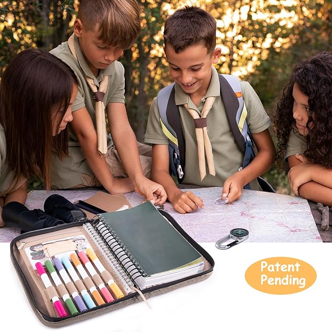 Handbook Book Cover Compatible with BoyScoouts Handbook with Amercan Flag Patch and Compass - Book Sleeve - Handbook Protector for Boys Girls