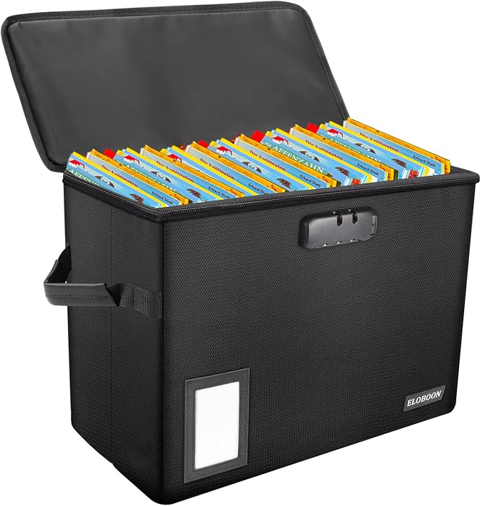 Comic Book Storage Box, Fireproof & Water-Resistant Comic Book Box with Lock and Label Window, Moistureproof Comic Short Box with Fire Zipper Holds 150-175 Comics,Heavy Duty Bin Black
