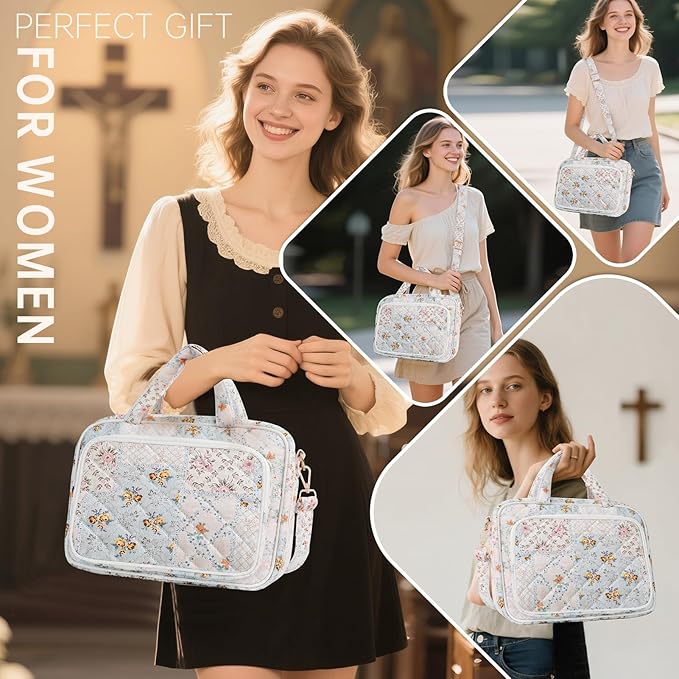 Bible Cover Case for Women Bible Study Supplies Christian Gifts for Women Church Camp Essentials Christian Bible Journaling Kit Quilted Large Bible Cover with Durable Handle (Spliced Flower, Large)