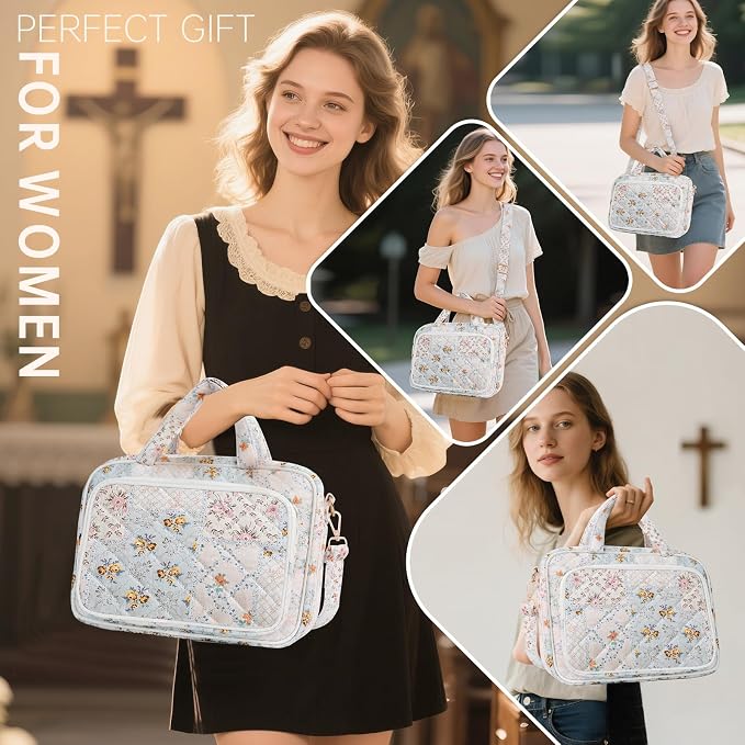 Bible Cover Case for Women Bible Study Supplies Christian Gifts for Women Church Camp Essentials Christian Bible Journaling Kit Quilted Large Bible Cover with Durable Handle (Spliced Flower, Large)