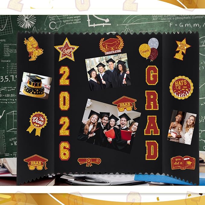 AmazingSpark 4 Sets Graduation Photo Display Board Trifold Poster Board with 12 Graduation Themed Stickers for 2026 Grad Party Decoration Picture Collage Frame Supplies (24 x 16,Red Gold)