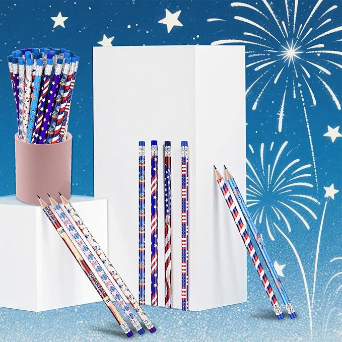 American Flag Themed Wood Pencils with Eraser, 48pcs Patriotic Pencils in 12 Designs, USA Flag Gifts Pencil for 4th of July USA Independence Day Parades Party Favors School Office Supplies