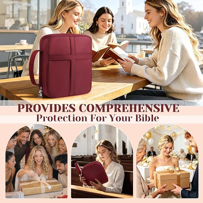 XKDOUS Bible Cover, Large Bible Bag with Durable Handle, Cross Design Waterproof Bible Case with Bible Study Supplies, Christian Gift for Mom, Women and Men (Burgundy)