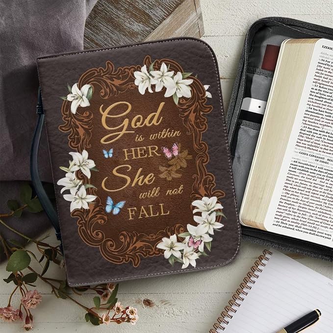 Retro Style Lily and Cross Bible Case with Bookmark Waterproof Bible Cover Case for Women Lightweight Bible Bag with Handle Pockets Church Book Bag Grey