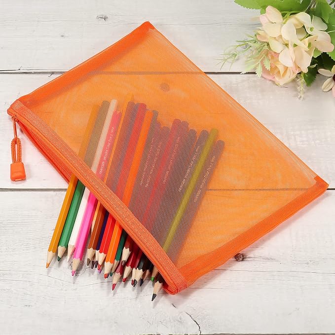 MECCANIXITY Mesh Zipper Bags, A5 Nylon Zip Pouch Pencil Case Storage Pockets for Travel Office Accessories, Orange Pack of 6