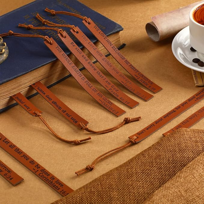 Laumoi 10 Pcs Christian Leather Bookmarks, Handmade Bible Verses Scripture Bookmarks for Women & Men, Religious Christian Gifts for Book Lovers, Church & Book Club Supplies(Elegant, Brown)