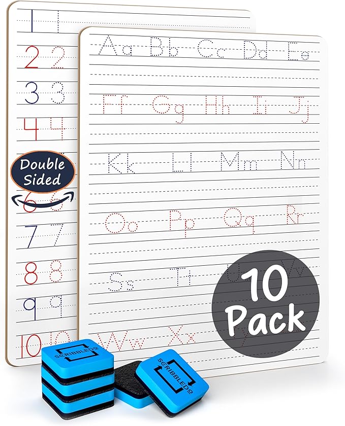 Scribbledo 10 Pack Dry Erase Handwriting Practice for Kids 9 x 12 Inch Letter Alphabet Tracing Board Whiteboard for Kids Ages 3-5 Write and Wipe Alphabet Practice Cards Letters & Erasers