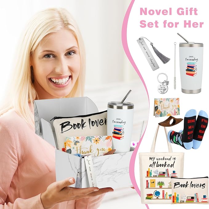 Kolewo4ever 11 Pieces Book Lovers Gifts Box Set Insulated Tumbler,Tote Bag,Makeup Bag,Socks,Keychain,Bookmark,Flipper