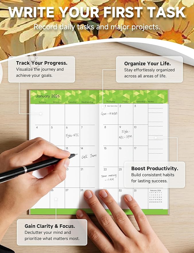 Pocket Calendar 2026-2028 Floral Series, Monthly Planner Jan 2026 to Jul 2028 (3.7" x 6.7") Perfect Purse Calendar, Pocket Agenda with Protective Plastic Sleeve-Daisy