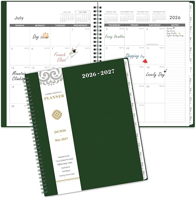 2026-2027 Monthly Planner - 2026-2027 Planner/Calendar, Jul 2026 - DEC 2027, 9" x 11", Thick Paper, Twin-Wire Binding, Monthly Planner with Tabs & Pocket & Label, Green