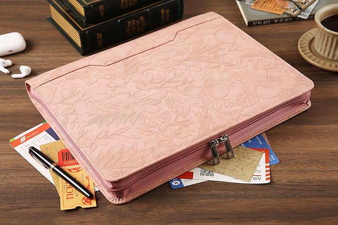 Vegan Leather Padfolio, 3 Ring Binder - Pink Padfolio with Pattern, Handmade Portfolio Organizer