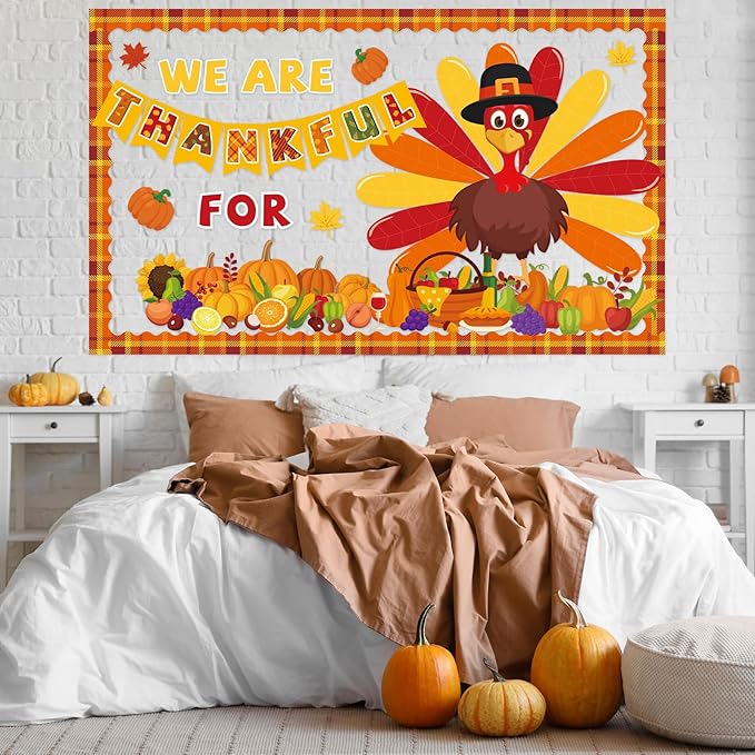 gisgfim 59 Pcs Thanksgiving Turkey Bulletin Board Set We Are Thankful Autumn Fall Thanksgiving Classroom Decorations Pumpkin Maple Leaves for Cutouts for DIY Craft Harvest School Home Wall Decorations