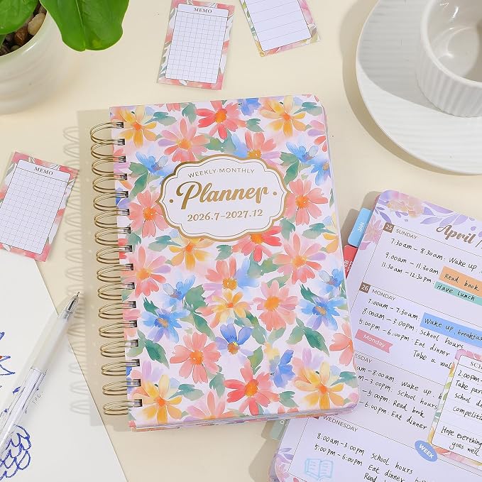 Planner 2026-2027, Floral 18 Months Academic Daily Weekly Monthly Planner Yearly Agenda July. 2026–Dec. 2027, 5.58" x 6.3", Month Tabs, Pocket Folder, Bookmark, Stickers,Ruler with Sticky Note Set