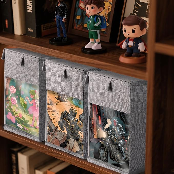 3 Pack Comic Book Storage Box with Lid, Collapsible Magazine Organizer with Clear Window, Heavy Duty Case Container Holder, Grey