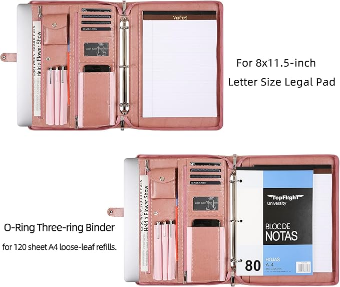 Pink Leather Padfolio for Women, Business Leather Binder 3 Ring Portfolio, Personalzied Leather Portfolio Binder (Pink, Custom)