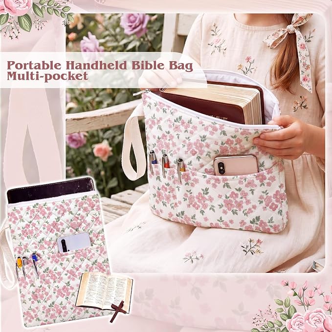 Gilprop Pink Floral Bible Book Sleeve with Zipper 11" x 9" Padded Protector Washable Quilted Book Covers Printed Bible Pouch with Handle Pockets Protector for Books Lover Christian Gifts