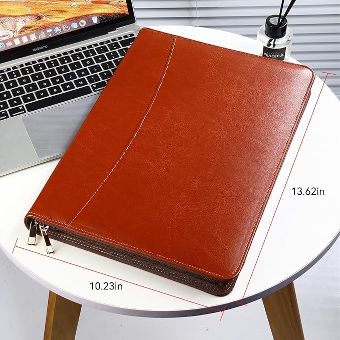 Pro PU Leather Padfolio - 10.1" Business Portfolio Organizer with Tablet & Phone Pocket, Zippered Document Holder, Card Slots & Writing Pad | Executive Gift for Professionals (Brown)