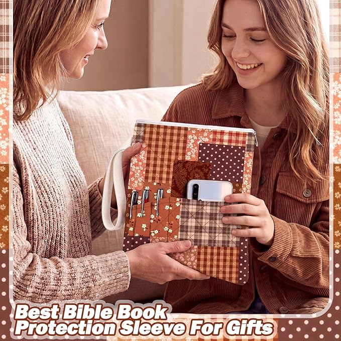 Gilprop Bible Book Sleeve with Zipper 11" x 9" Padded Protector Washable Quilted Book Covers Printed Bible Pouch with Handle Pockets Protector for Books Lover Christian Gifts (Brown Spliced Style)