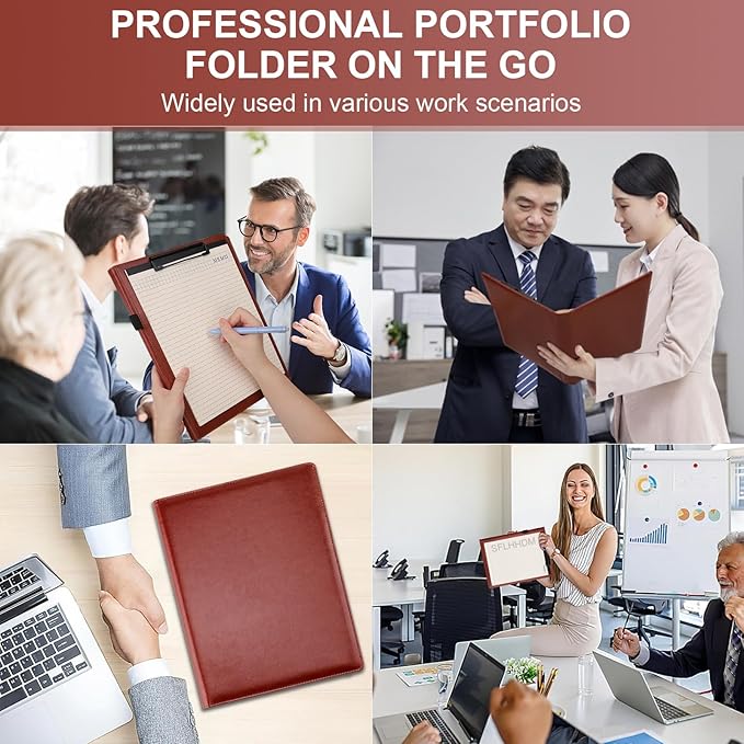 Clipboard Padfolio with Storage Pocket, Clipboard Folder Portfolio Organizer,360 Degree Foldable Clipboards with Refillable Notepad,Faux Leather Padfolio Organizer for Office School Supplies-Red Brown