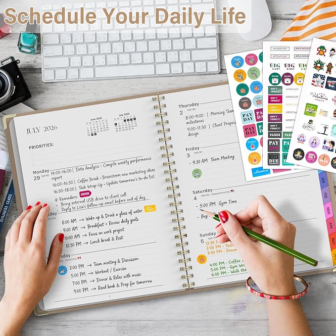Planner 2026-2027, A4 Hardcover Weekly and Monthly Calendar Planner from July 2026 - June 2027, 8.5" x 11" Daily Agenda with Monthly Tabs, Spiral Bound, Inner Pocket, Cute Journal Organizer Notebook for Office School-Pink Bow
