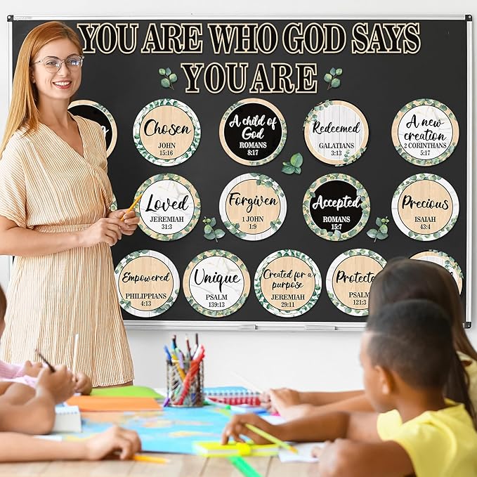 Qyeahkj Christian Bulletin Board Decoration Greenery God Says You are Religious Classroom Wall Decor Eucalyptus Motivational Quote Cutout Christmas Bulletin Board Set for Sunday School Home Church
