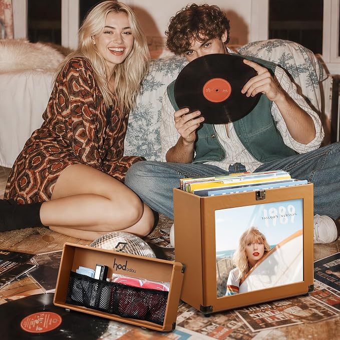 Hododou Vinyl Record Storage Box with Lock Record Organizer Storage for 30+ Single Records 12-inch Water Resistant Collapsible Storage Crate with Lid Handle Mesh Pouch for Vinyl Collect Acrylic Brown