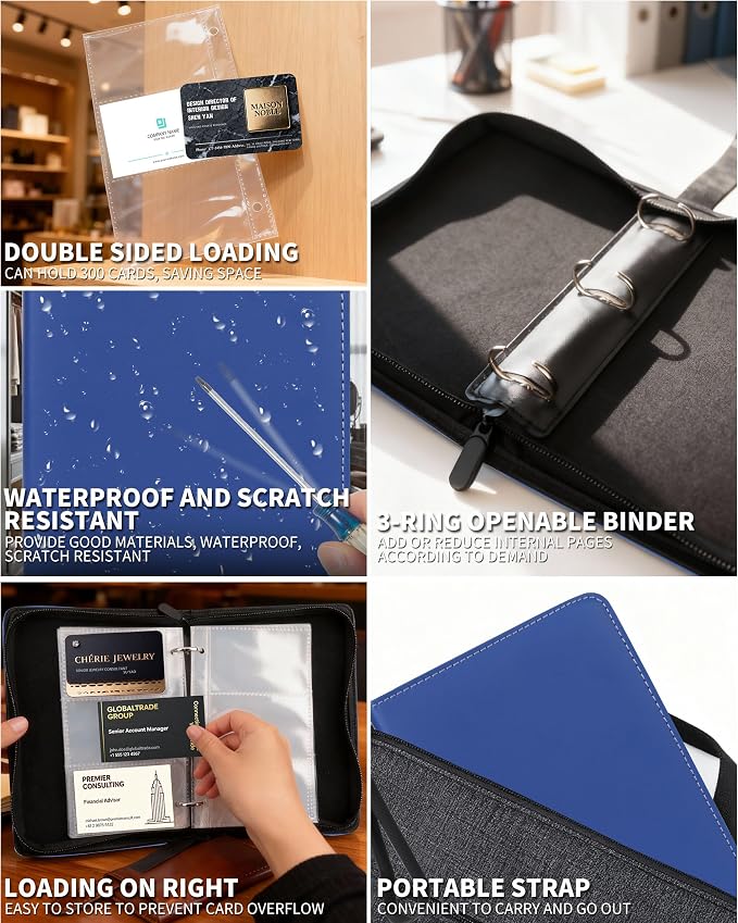 Leather Business Card Book Holder Organizer, Professional Name Card Book Holder with 300 Card Capacity, Portable PU Credit Card Binder File Sleeve Storage for Men Women,50 Pack Sleeves Zipper Closure