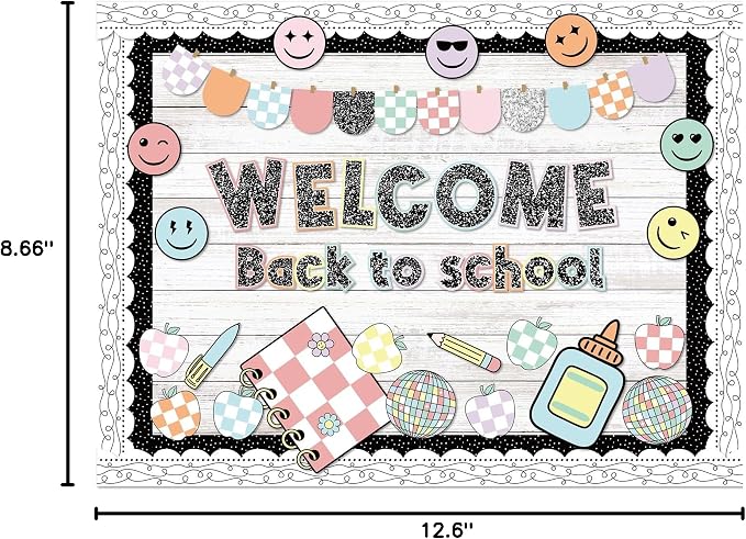 Mooliwe 94pcs Composition Notebook Bulletin Board Welcome Back to School Classroom Bulletin Board Decor Smile Face Stationery Paper Cutout for First Day of School Chalkboard Wall Door(Classic)