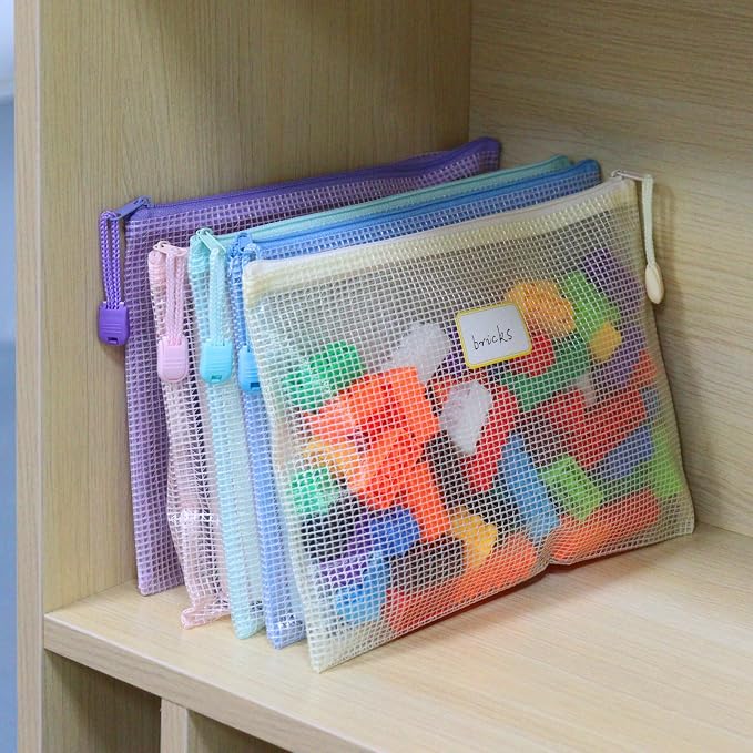 MultiBey 20 Pack Zipper Pouch Bags with Labels, 6.8x9.4 Inch A5 Waterproof Mesh Storage Pouches for Organizing, Small Mesh Pouch for Travel, Office, Puzzle, Home Storage, 5 Macaron Colors