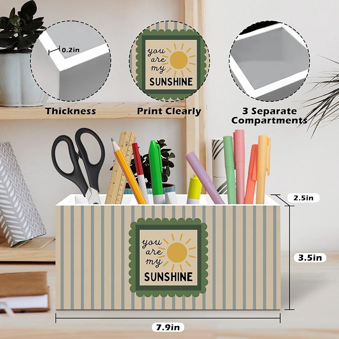 Boho Classroom Pen Holder, You Are My Sunshine Office Pen Pencil Holder Organizer for Desk Accessories, Retro Striped Wooden Box Desk Decor for Kids Nursery Room Office Desk Decorations