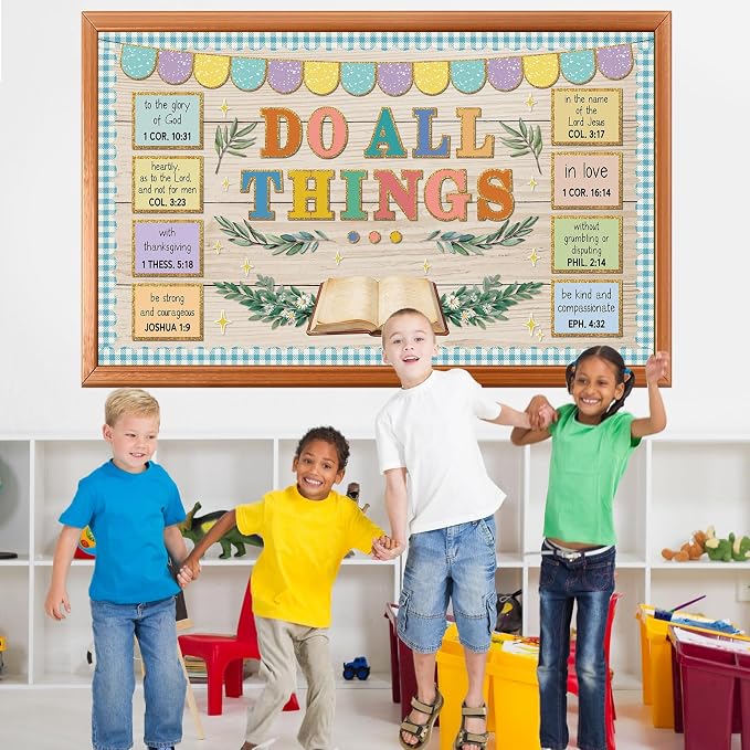 Christian Bulletin Board Set Jesus Do All Thing Classroom Decoration Religious Bible Verse Bulletin Board Church Motivational Paper Cutouts for Vacation Bible School Classroom Chalkboard Wall Decor
