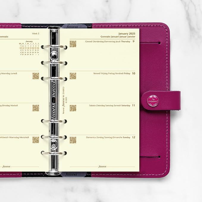 Filofax Calendar Diary Refill, Personal/Compact Size, Week-to-View, Cotton Cream Paper, Unruled, Multilingual: Five Languages, 2025 (C68413-25)