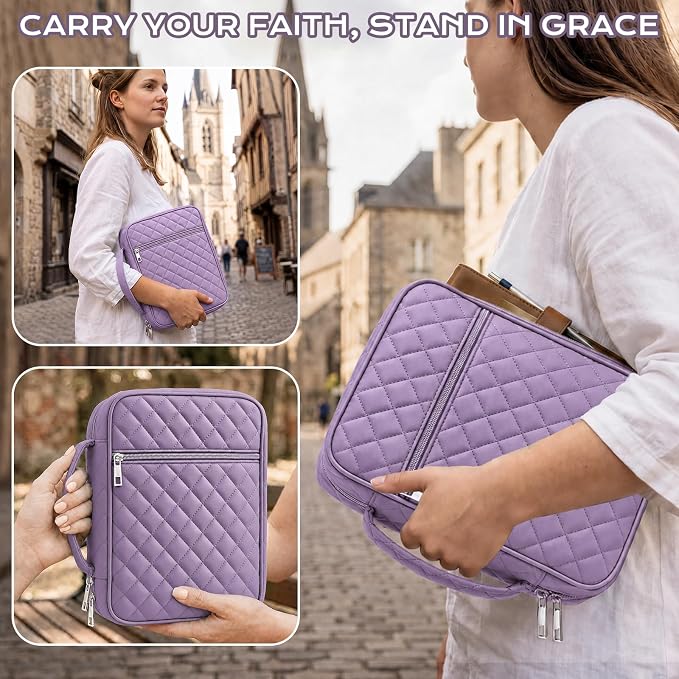 XKDOUS Quilted Bible Cover Case with Bible Study Accessories Kit, Waterproof Large Capacity Bible Bag for Women, Portable for Church Study, Multiple Morandi Color Options (Dusty Lavender)