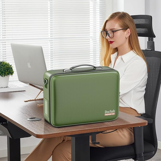 DocSafe Fireproof Document Box with Lock&Shoulder Strap,Hard Case File Organizer with Accordion File Folder,Multi-Layer Portable Home Office Travel Safe Storage for Important Documents Laptop Green