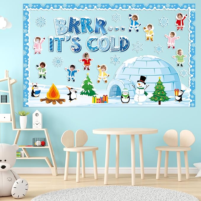 Winter Bulletin Board Decorations Christmas Snowflakes Snowman Penguin Cutouts DIY Photo Paper Cutouts Brrr It’s Cold Holiday Decor for Christmas Chalkboard School Home Wall Teacher Supplies