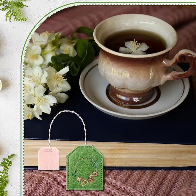 Skyygemm 6 Pcs Colorful Tea Bag Bookmarks for Women Tea Party Favors Cute Hand Embroidered Bookmarks Gift for Holiday Mom Women Book Reading Lovers