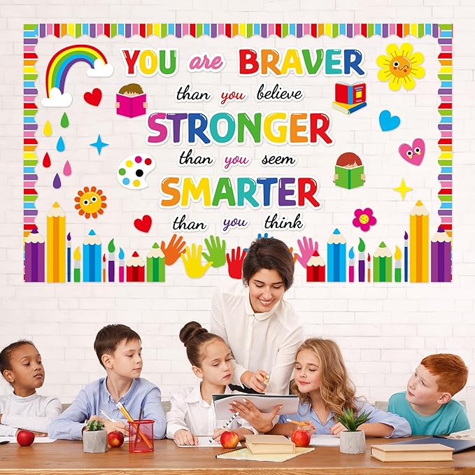 gisgfim Colorful Handprint Bulletin Board Decorations Set Welcome Back to School Classroom Pencil Braver Stronger Smarter Paper Cutouts Motivational Bulletin Board Decor for Nursery Chalkboard Wall