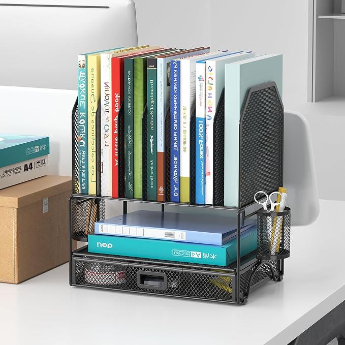 FANXIYQ Metal Desk Organizer with Sliding Drawer, 7-Section File Organizer for Desk, Desktop File Folder & Paper Organizer with 2 Hanging Pen Holders, Office Supplies Organizer, Black