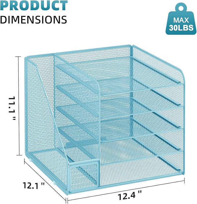Marbrasse Desk Organizers and Accessories, 5-Tier Paper Letter Tray Organizer with File Holder, Mesh File Organizer, Office Desk Accessories & Organization for Supplies (Blue)
