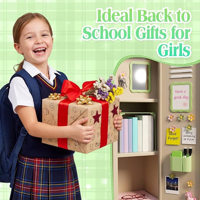 Colarr 16 Pcs Light Green Locker Accessories for Girls Includes Magnetic Whiteboard & Mirror Locker Shelf Pen Holder 2 Dry Erase Marker & Eraser 9 Flowers for Back to School Essentials Decoration