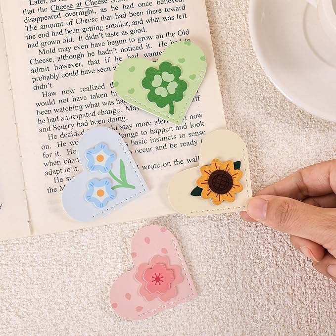 VYRANA 4Pcs Leather Heart Bookmarks - Cute Corner Book Marks Sets for Reading, Floral Read Lover Gifts for Women Men Kids Girl Readers, Pretty Book Markers for Reading, Aesthetic Gifts for Planner