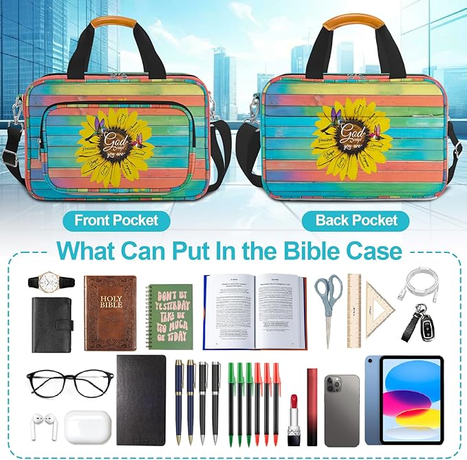 Bible Case for Women,Large Bible Cover,Bible Carrier,Bible Bag for Women Organizer,Sunflower Hummingbird Bible Holder,God Says You Are,Bible Study Supplie Kit With Highlighters,Tabs,Pen,Christian Gift