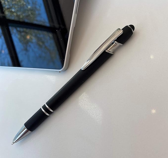 Lenden Pack of 5 Rubberized Comfort Soft Touch 2 in 1 Ballpoint Pen Capacitive Stylus Tip, Premium Metal Medium Point, Black Ink, Compatible with Most Touch Screens (Black)