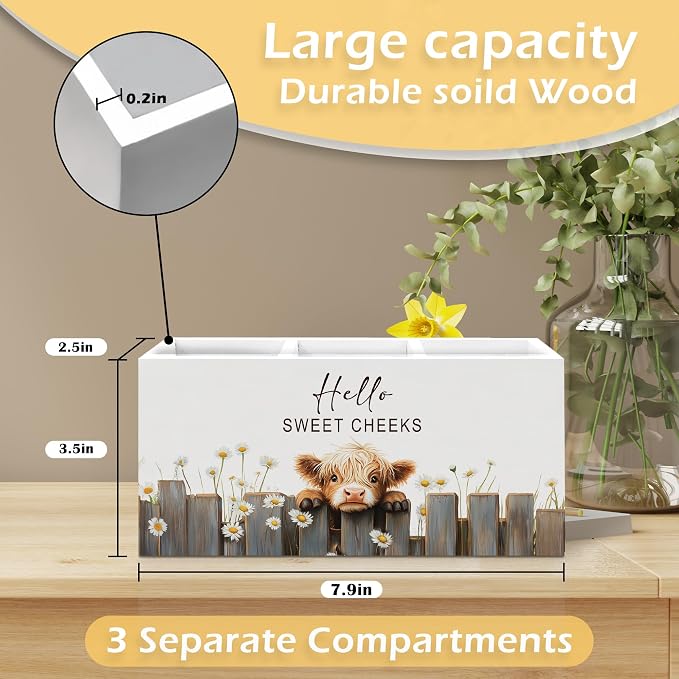 Highland Cow Pen Pencil Holder, Highland Cow Accessories Gifts for Women Men, Funny Hello Sweet Cheeks Bathroom Sign Wooden Pen Pencil Organizer for Home Bedroom Bathroom Desk Decor
