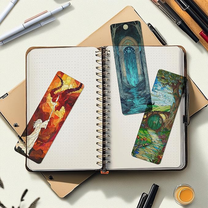 TwoDays Fantasy Stained Glass Transparent PVC Bookmarks - Magical Merch for Reading Women & Men, Unique Bookish Gifts for Book Lovers Booktok, Cool Book Accessories (Set of 3, 6'' x 2'')