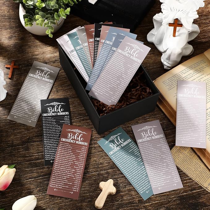 Motiskyy 100 Pcs Christian Bible Verse Emergency Numbers Bookmark Christian Church Gift 2.36 x 6'' Religious Books of The Bible Bookmark for Women Men Catholic Retreat Sunday School(Morandi)